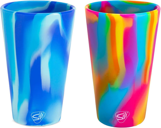 16Oz Silicone Pint Glass – Pack of 2 Unbreakable Bpa-Free Reusable Silicone Drinking Cup – Dishwasher Microwave & Freezer Safe – Stemless Glass for Coffee Smoothies (Arctic Sky&Hippy Hop)
