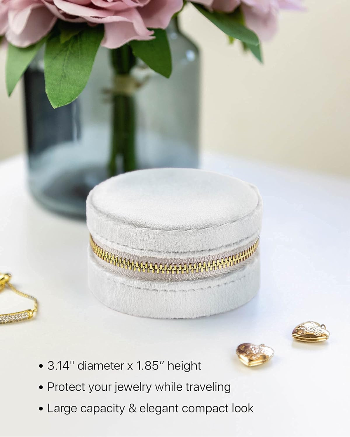 Velvet Travel Jewelry Box for Women – Compact round Zipper Case for Rings, Earrings & Necklaces – Small Portable Organizer & Giftable Storage – Pearl White